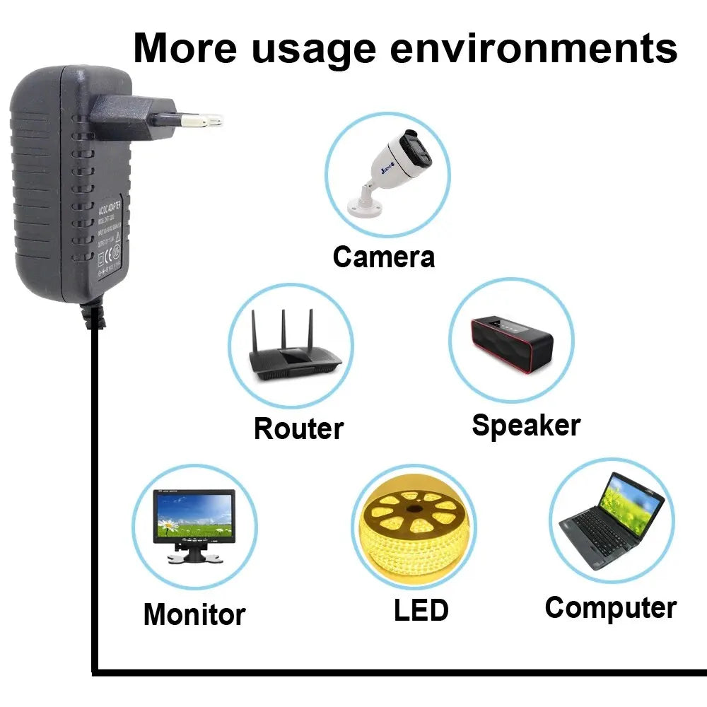 12V 2A Power Adapter – AC 100-240V to DC Converter Charger with EU/US Plug for Camera, DVR, LED Strip, Robot, and More