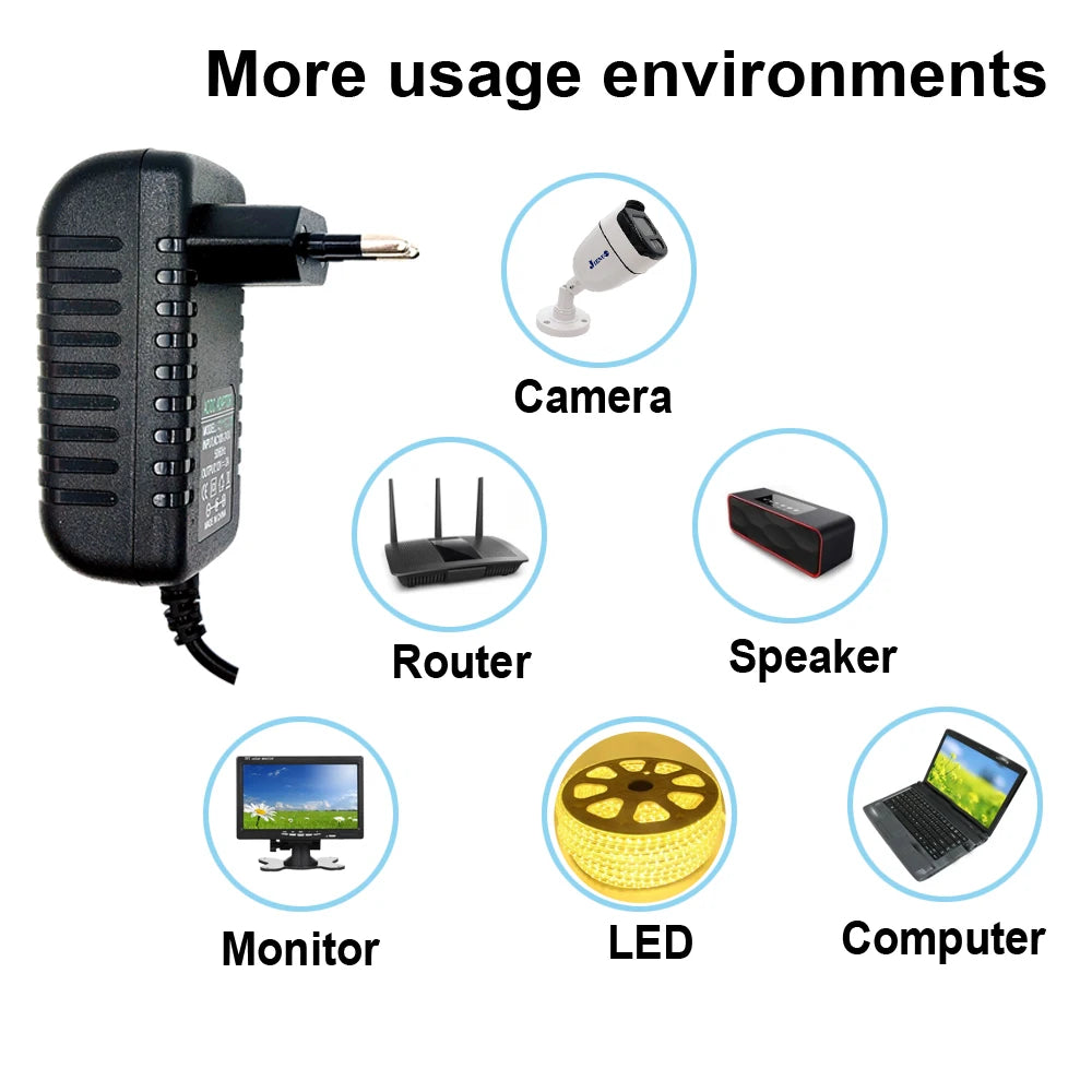 12V 2A Power Adapter – AC 100-240V to DC Converter Charger with EU/US Plug for Camera, DVR, LED Strip, Robot, and More